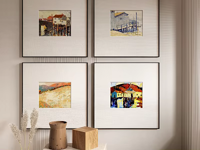 Four Framed Landscape Paintings As Wall Art With Decorative Wooden Block And Dried Plants 3d model