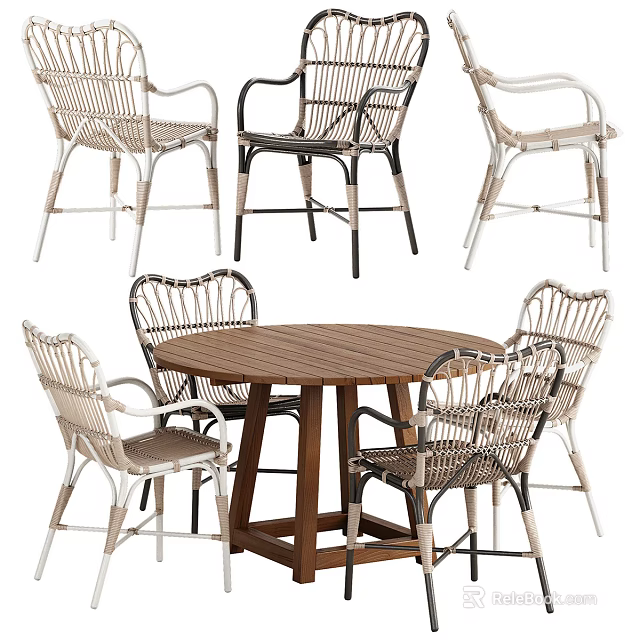 Round Wooden Dining Table With White And Black Wicker Chairs Set 3d model