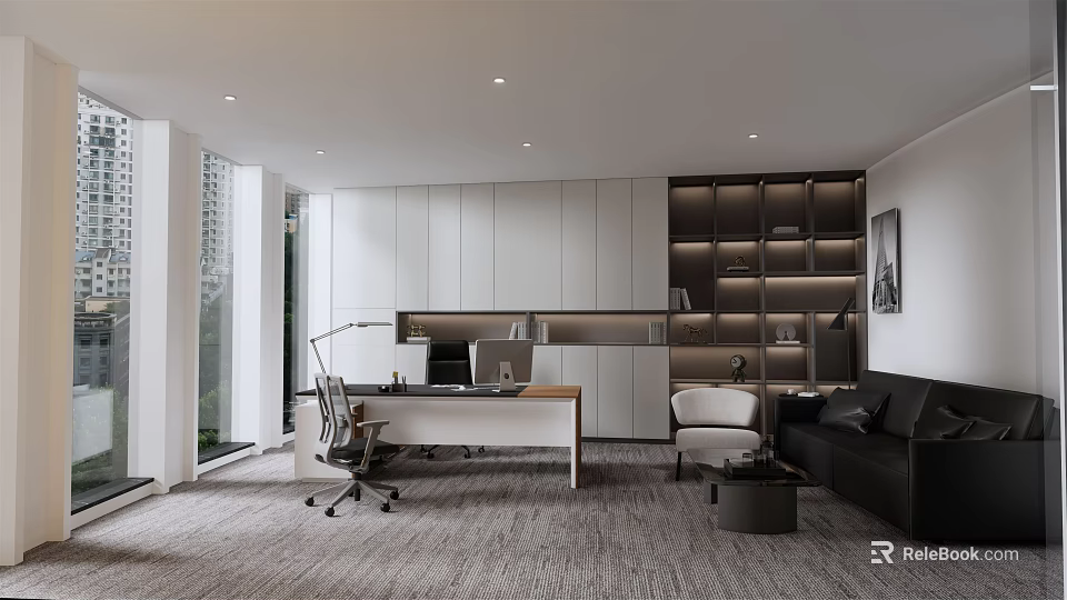 Modern Minimalist Office Interior Design With White Cabinets Bookshelves Desk And Sofa 3d model 