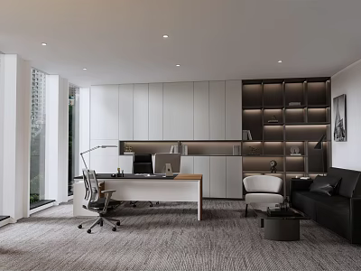 Modern Minimalist Office Interior Design With White Cabinets Bookshelves Desk And Sofa 3d model
