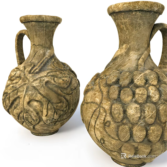 Ancient Clay Vases With Handles And Carved Leaf Vine Grape Cluster Patterns 3d model 