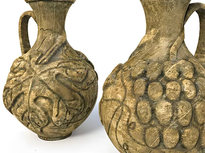 Ancient Clay Vases With Handles And Carved Leaf Vine Grape Cluster Patterns 3d model