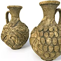 Ancient Clay Vases With Handles And Carved Leaf Vine Grape Cluster Patterns