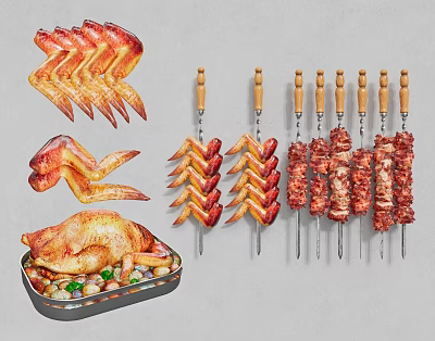 Delicious Roast Chicken Grilled Wings And Skewered Meat With Fresh Vegetables 3d model
