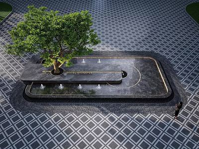 Outdoor Water Fountain Design With Central Tree And Diamond Patterned Floor Surrounded By Geometric Paving 3d model