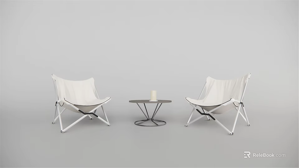 Modern Outdoor Folding Chairs And Round Table With White Fabric Seats And Metal Frame 3d model 