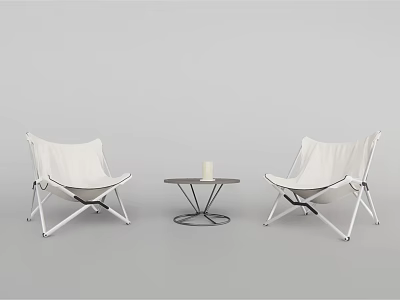 Modern Outdoor Folding Chairs And Round Table With White Fabric Seats And Metal Frame 3d model