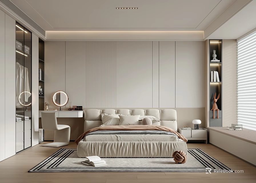 Modern Elegant Bedroom Interior Design With Soft Lighting Cozy Rug And Plush Bed 3d model 