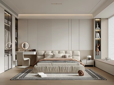 Modern Elegant Bedroom Interior Design With Soft Lighting Cozy Rug And Plush Bed 3d model