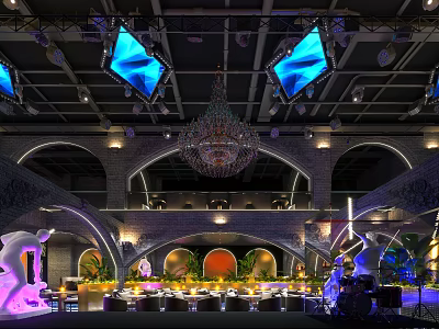 Modern Bar Interior Featuring Chandelier Arched Structures Large Screens Stage And Plant Decorations 3d model