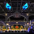 Modern Bar Interior Featuring Chandelier Arched Structures Large Screens Stage And Plant Decorations