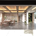 Traditional Chinese Tea Shop Interior Design With Wooden Shelves Tables Calligraphy And Green Plant