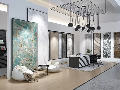 Modern Interior Showroom With Large Decorative Paintings Marble Panels White Armchairs And Pendant Lights 3d model