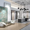 Modern Interior Showroom With Large Decorative Paintings Marble Panels White Armchairs And Pendant Lights