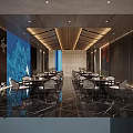 Elegant Chinese Style Banquet Hall Interior With Blue Mountain Wall Wooden Ceiling And Marble Floor