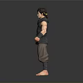3D Model Man Wearing Sleeveless Dark Vest Brown Pants Arm Wraps Barefoot Standing Pose