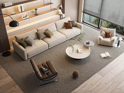 Comfortable Modern Sofa Set With Cushions Coffee Table Armchairs And Natural Light 3d model