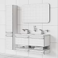 Sleek White Bathroom Vanity With Green Wall Mirror And Modern Faucets