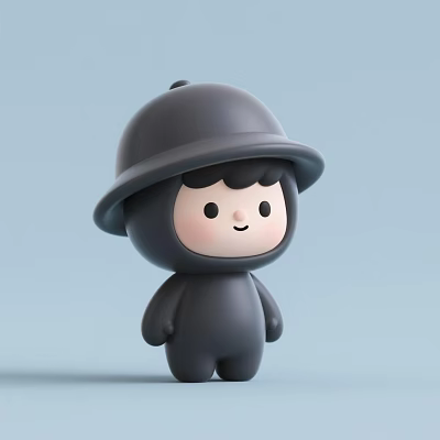 Cute Gray Doll with Gray Hat Black Short Hair and Smiling Face on Blue Background 3d model
