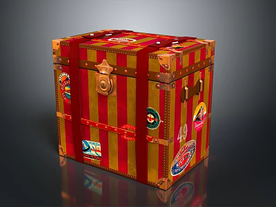 Vintage Trunk With Red And Gold Stripes And Various Travel Stickers 3d model