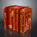 Vintage Trunk With Red And Gold Stripes And Various Travel Stickers