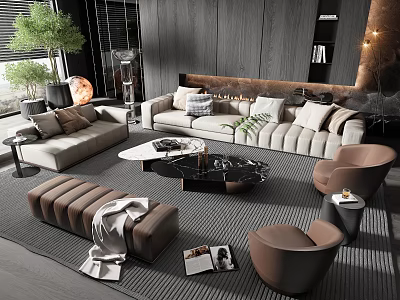 Modern Luxury Sofa And Coffee Table Set With Ottoman Armchairs Rug And Decorative Plants 3d model