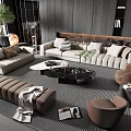 Modern Luxury Sofa And Coffee Table Set With Ottoman Armchairs Rug And Decorative Plants