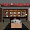 Chinese Style Restaurant Lobby With Red Ceiling Wooden Screens And Marble Floor