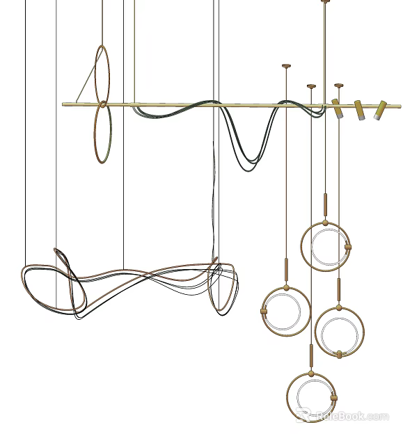 Modern Chandelier With Curved Lines And Circular Rings For Interior Decor 3d model 