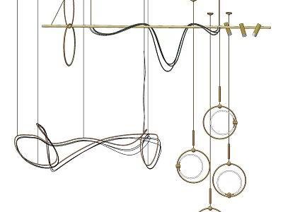 Modern Chandelier With Curved Lines And Circular Rings For Interior Decor 3d model