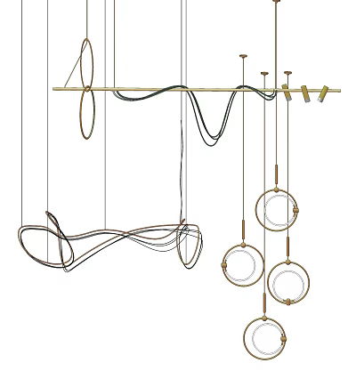 Modern Chandelier With Curved Lines And Circular Rings For Interior Decor 3d model