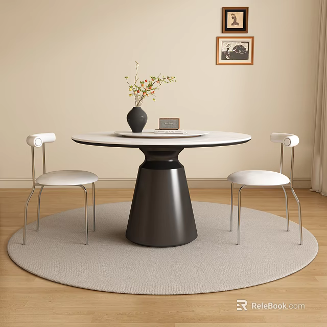 Restaurant Interior With Round White Table Black Base White Chairs Curved Backrests Light Gray Rug 3d model 