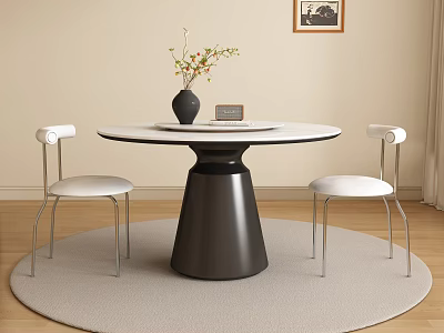 Restaurant Interior With Round White Table Black Base White Chairs Curved Backrests Light Gray Rug 3d model