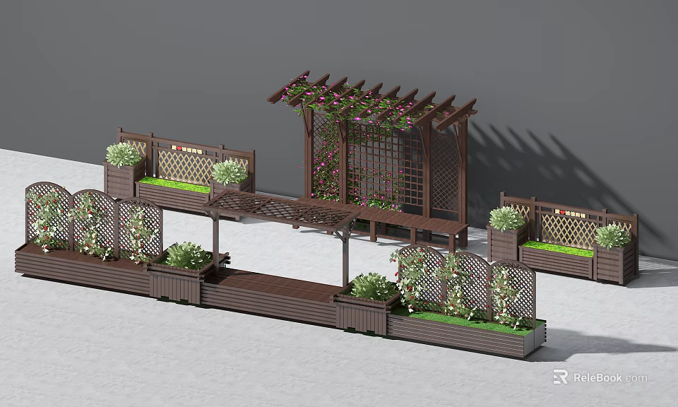 Beautiful Garden Ornamental Setup With Wooden Pergola Planters Green Plants And Lattice Screens 3d model 