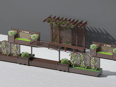 Beautiful Garden Ornamental Setup With Wooden Pergola Planters Green Plants And Lattice Screens 3d model