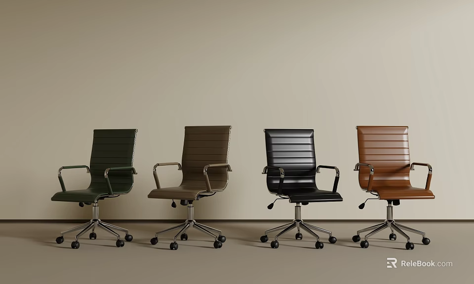 Four Office Chairs In Various Colors With Armrests And Wheeled Metal Bases 3d model 