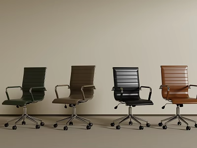 Four Office Chairs In Various Colors With Armrests And Wheeled Metal Bases 3d model