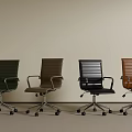 Four Office Chairs In Various Colors With Armrests And Wheeled Metal Bases
