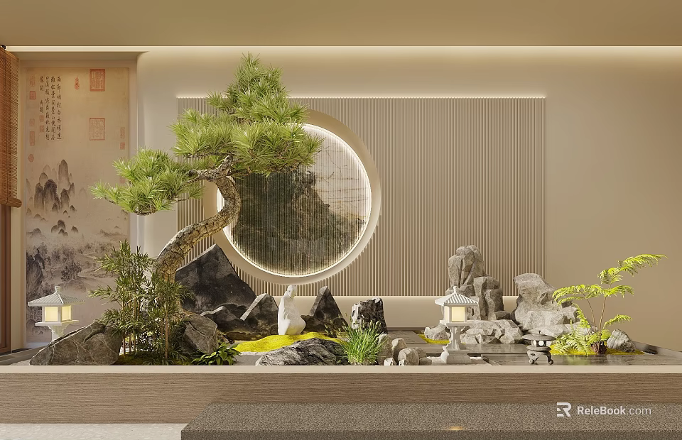 Traditional Garden Landscape With Pine Tree Circular Window And Rock Formations 3d model