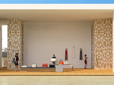 Hermes Luxury Clothing Store With Decorative Patterned Walls Displaying Bags And Apparel For In Store Customers 3d model