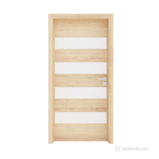 Light Colored Wooden Hinged Door With Glass Panels And Silver Handle 3d model