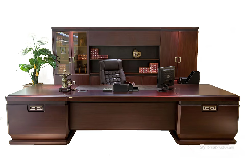 Executive Office Desk With Wooden Cabinet Black Leather Chair Computer And Green Plant 3d model 