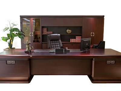 Executive Office Desk With Wooden Cabinet Black Leather Chair Computer And Green Plant 3d model