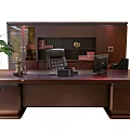 Executive Office Desk With Wooden Cabinet Black Leather Chair Computer And Green Plant