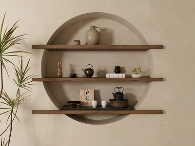 Circular Niche Wooden Shelves Display Ceramic Vessels Clay Pots Teapots Teacups and Green Plant 3d model