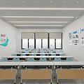 Bright Modern Spacious Conference Room With Neatly Arranged Training Tables And Comfortable Light Blue Chairs