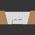 Modern White Reception Desk With Wooden Side Panels And White Grid Patterned Wall