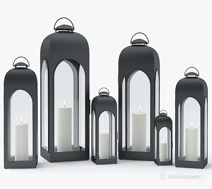 Outdoor Lanterns With Black Metal Frame Glass Panels and Candle Light in Various Sizes 3d model 