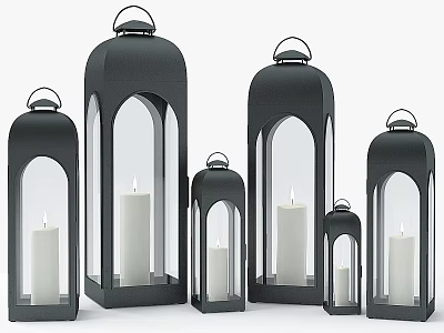 Outdoor Lanterns With Black Metal Frame Glass Panels and Candle Light in Various Sizes 3d model