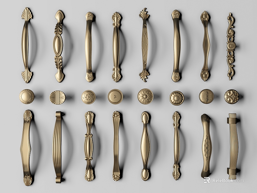Decorative Brass Cabinet Handles With Various Ornate Carved And Smooth Simple Designs 3d model 
